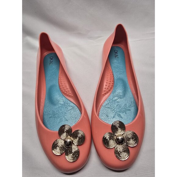 Oka B Women’s Coral Ballet Flats With Metal Accent Flower Rubber Shoes Size 10 - Picture 2 of 10